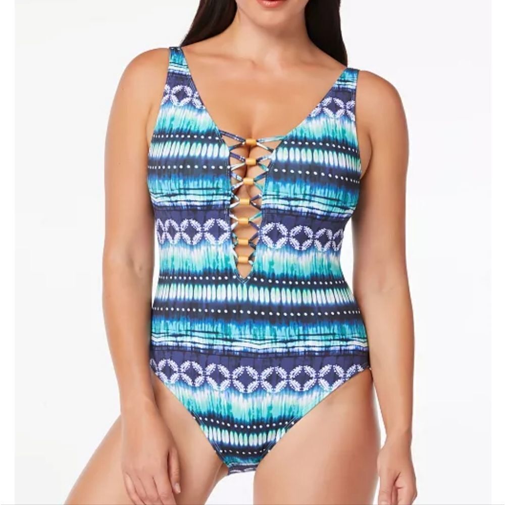 Bleu by Rod Beattie lattice Lace-Up Over-the-Shoulder One-Piece Swimsuit…